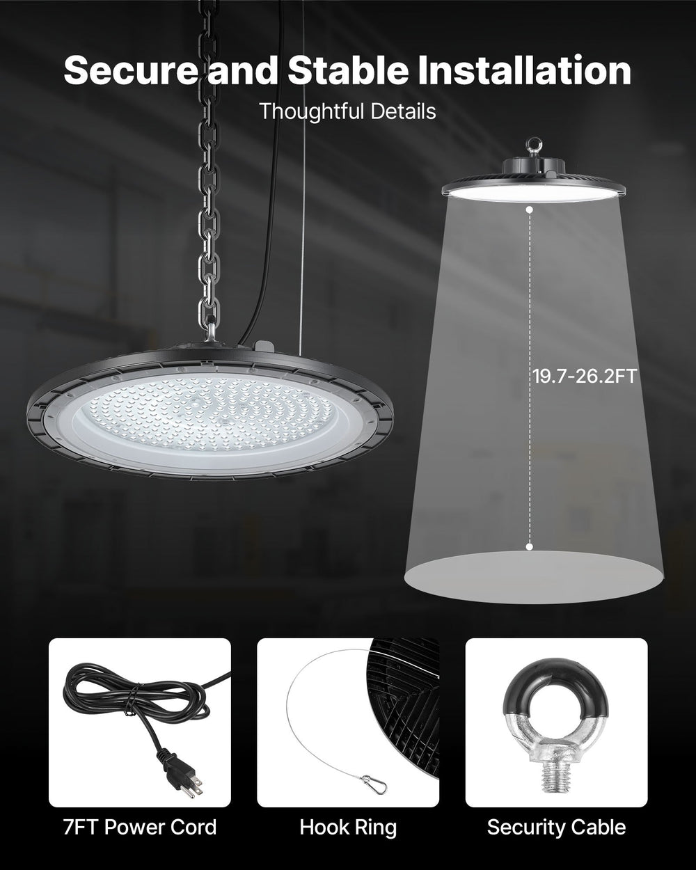 Secure and stable installation graphic with 7ft power cord, hook ring, and security cable