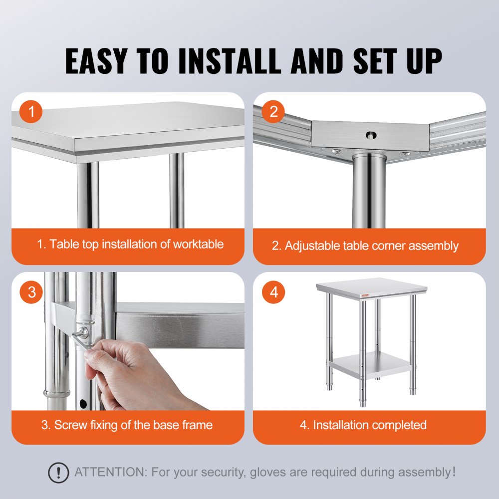 VEVOR Stainless Steel Prep Table, 24 x 24 x 31 Inch, 700 lbs Load Capacity, Heavy Duty Metal Worktable with 3 Adjustable Height Levels, Commercial Workstation for Kitchen Garage Restaurant Backyard