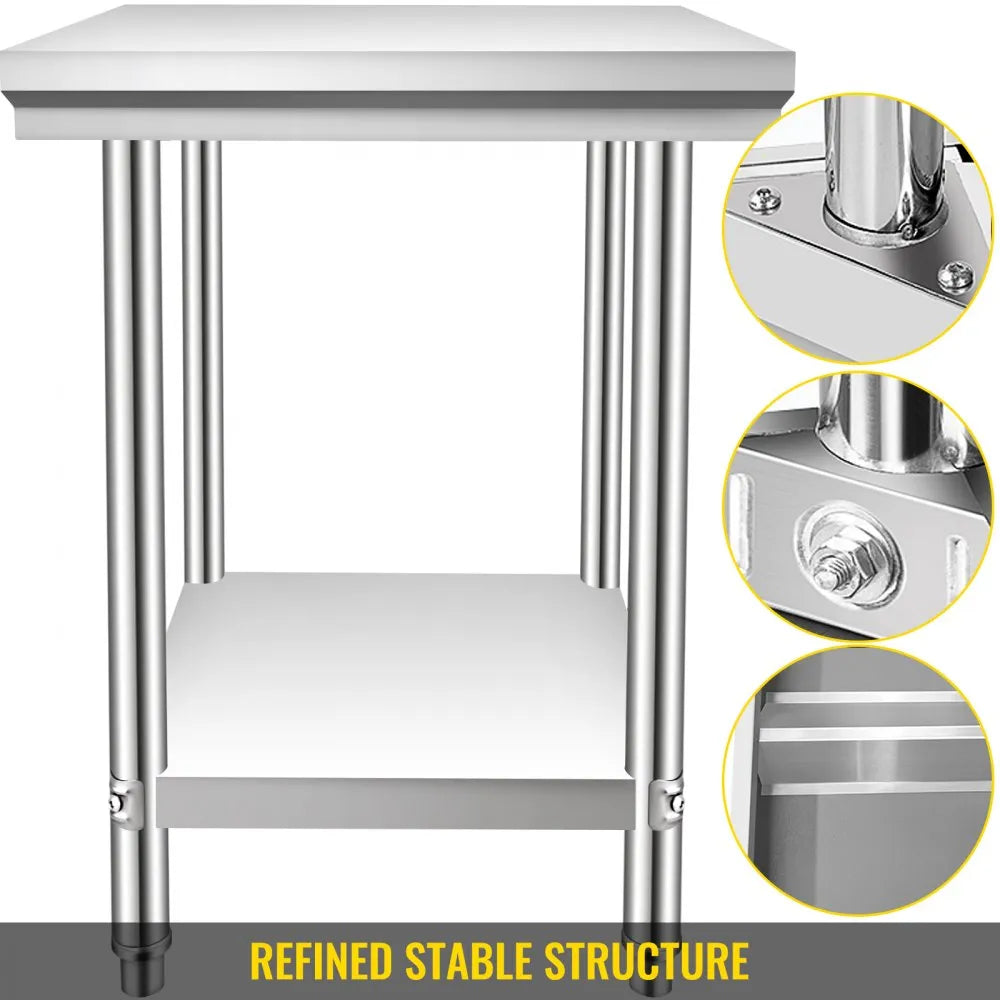 VEVOR Stainless Steel Prep Table, 900x600x800 mm, 700 lbs Load Capacity, Heavy Duty Metal Worktable with 3 Adjustable Height Levels, Commercial Workstation for Kitchen Garage Restaurant Backyard