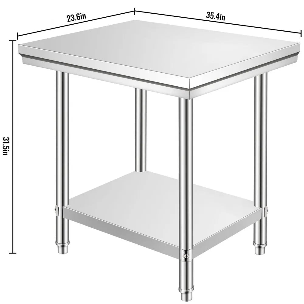 VEVOR Stainless Steel Prep Table, 900x600x800 mm, 700 lbs Load Capacity, Heavy Duty Metal Worktable with 3 Adjustable Height Levels, Commercial Workstation for Kitchen Garage Restaurant Backyard