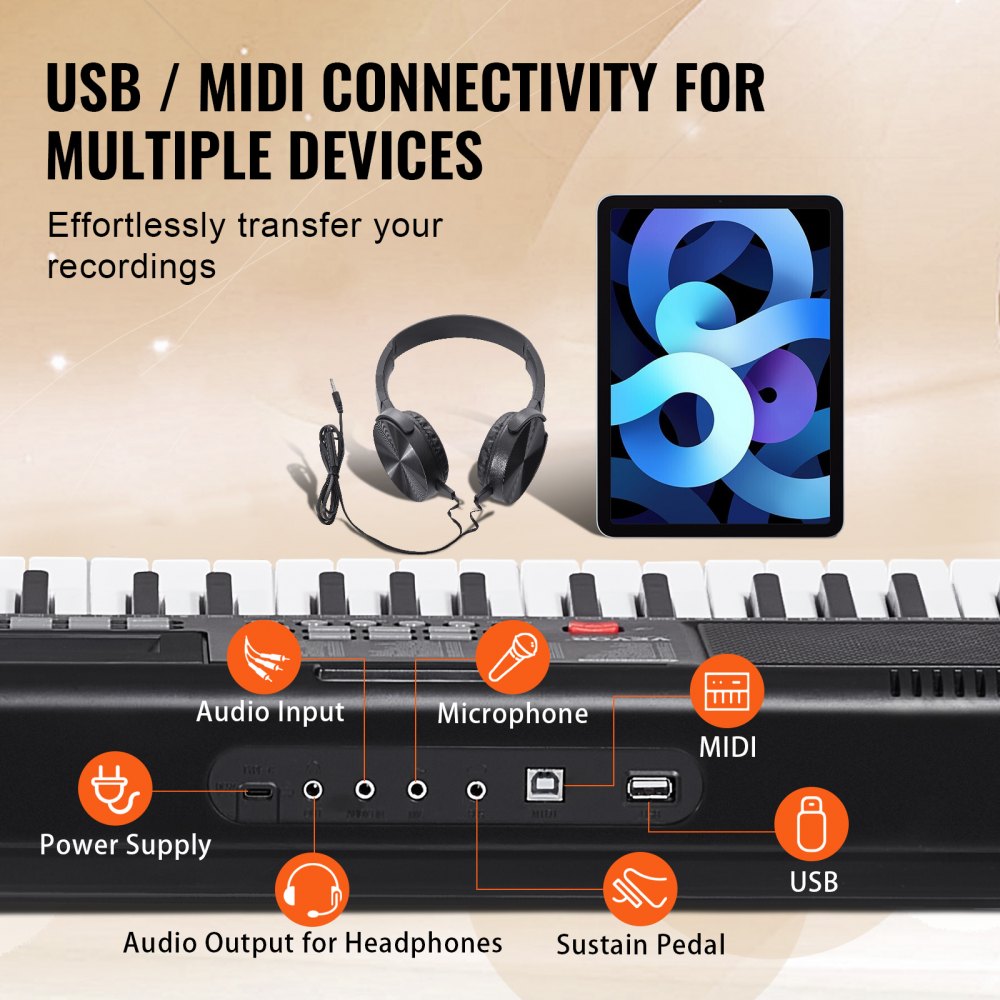VEVOR 61 Key Digital Keyboard Piano, Lighted Keys, Electric Portable Piano with Adjustable Stand 600 Tones 500 Rhythms Built-In Speakers Sustain Pedal Headphones, USB MIDI for Beginners