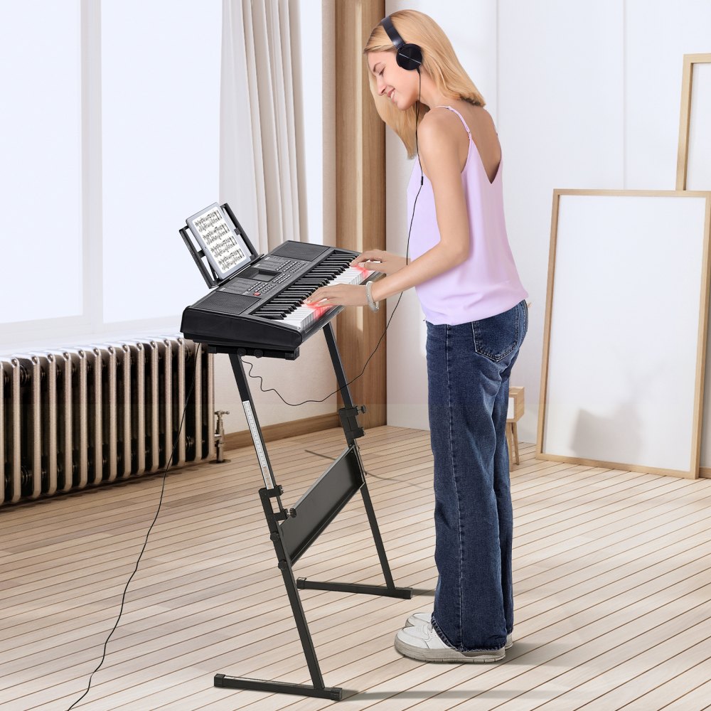 VEVOR 61 Key Digital Keyboard Piano, Lighted Keys, Electric Portable Piano with Adjustable Stand 600 Tones 500 Rhythms Built-In Speakers Sustain Pedal Headphones, USB MIDI for Beginners