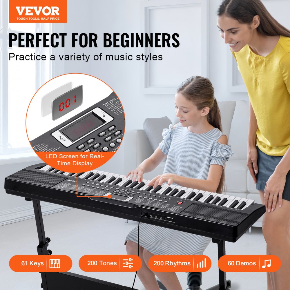 VEVOR 61 Key Digital Keyboard Piano, 200 Tones 200 Rhythms, Electric Portable Piano Keyboard Kit with 60 Demo Songs Built-In Dual Speakers Headphones, Piano Stickers for Beginners Learning