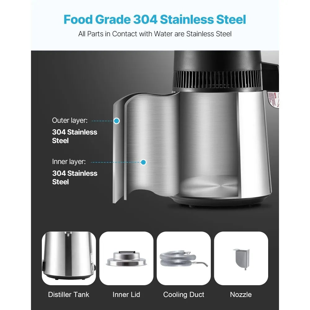 VEVOR Water Distiller, 6L 1.6 Gallon Larger Pure Water Purifier Filter For Home Table Countertop, 900W Glass Pot Distilled Maker, Stainless Steel Interior Drinking Machine to Make Clean Waters, Silver
