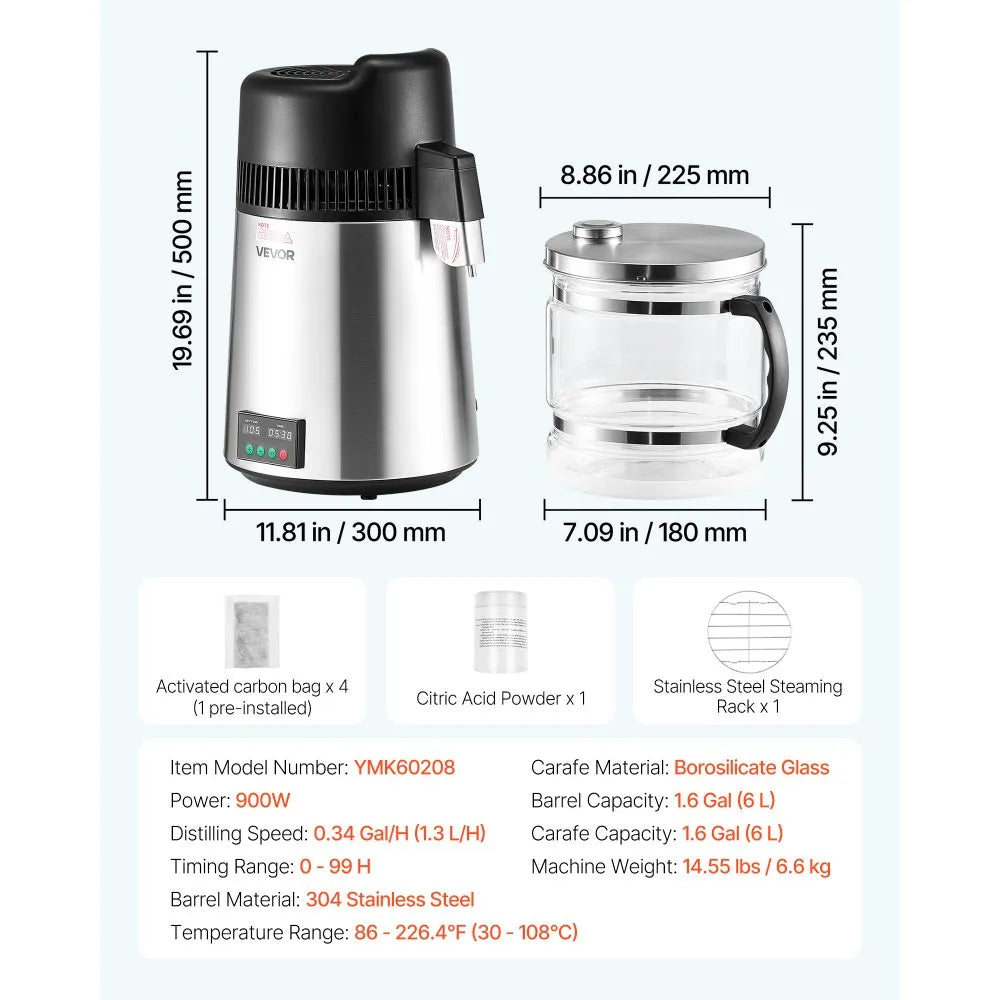 VEVOR Water Distiller, 6L 1.6 Gallon Larger Pure Water Purifier Filter For Home Table Countertop, 900W Glass Pot Distilled Maker, Stainless Steel Interior Drinking Machine to Make Clean Waters, Silver