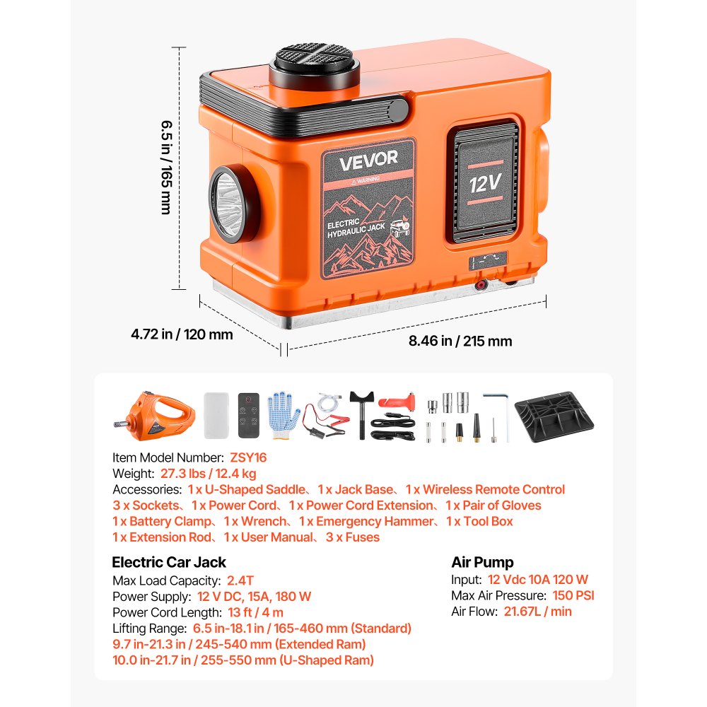 VEVOR 6 Ton Electric Hydraulic Car Jack with Air Wrench & Remote Control, 12V Car Lift Floor Jack with LED Light, 6.5‑18.1 in Lift Height, All-Terrain Portable Tire Change Tool for SUV Sedan Pickup