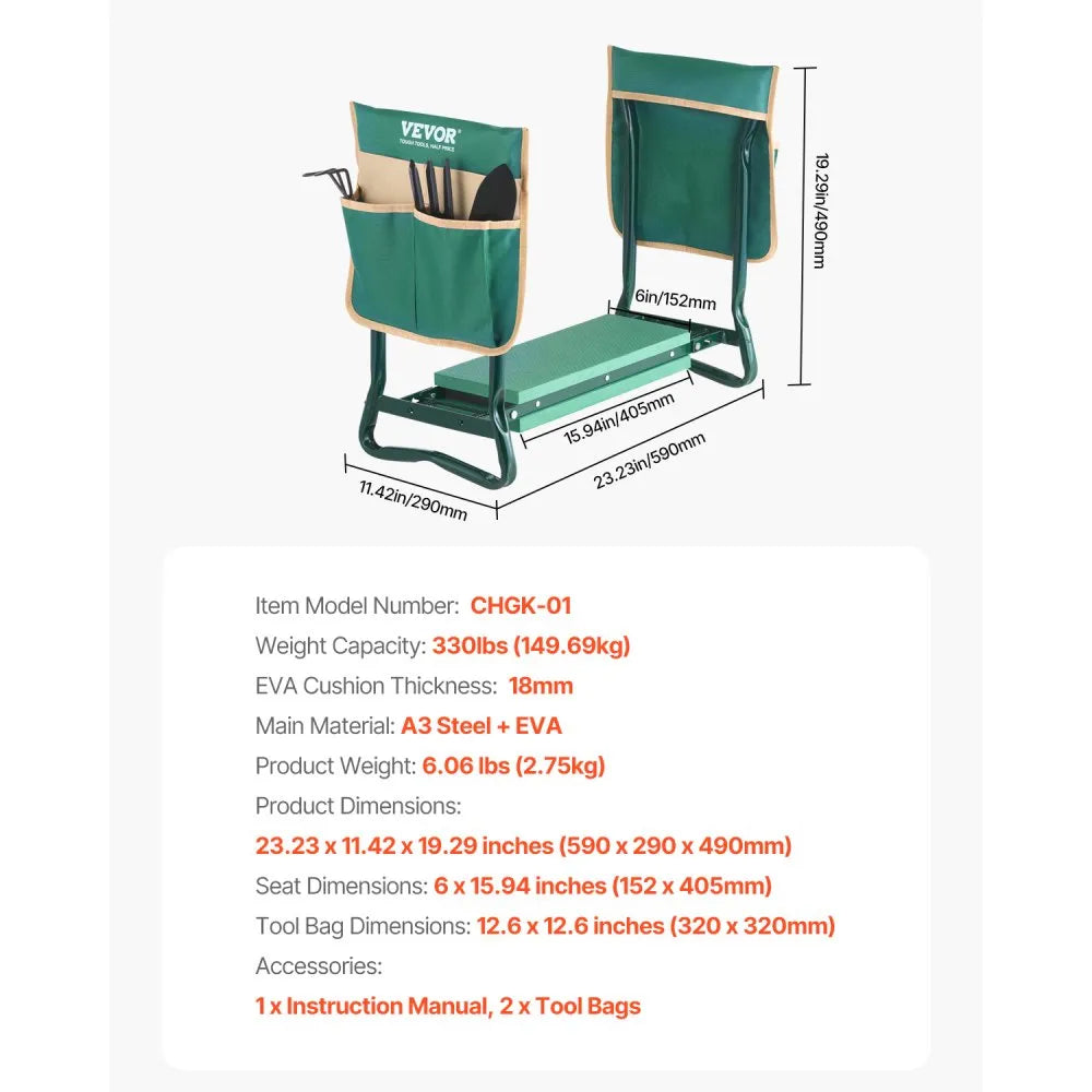 VEVOR Garden Kneeler and Seat, 6 in Wide Kneeling Pad, Heavy Duty Garden Kneeling Stool, Folding Garden Seat with 2 Tool Bags, Relieve Knee & Back Pain, Portable Garden Bench for Women Grandparents