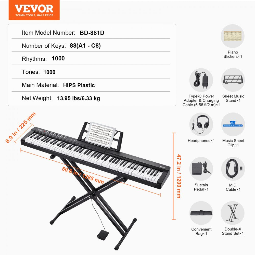VEVOR 88 Key Digital Piano Keyboard, Semi Weighted Keys, Full Size Electric Keyboard Piano Set with Adjustable Stand Built-In Speakers Sustain Pedal Headphones, Bluetooth MIDI USB for Beginners