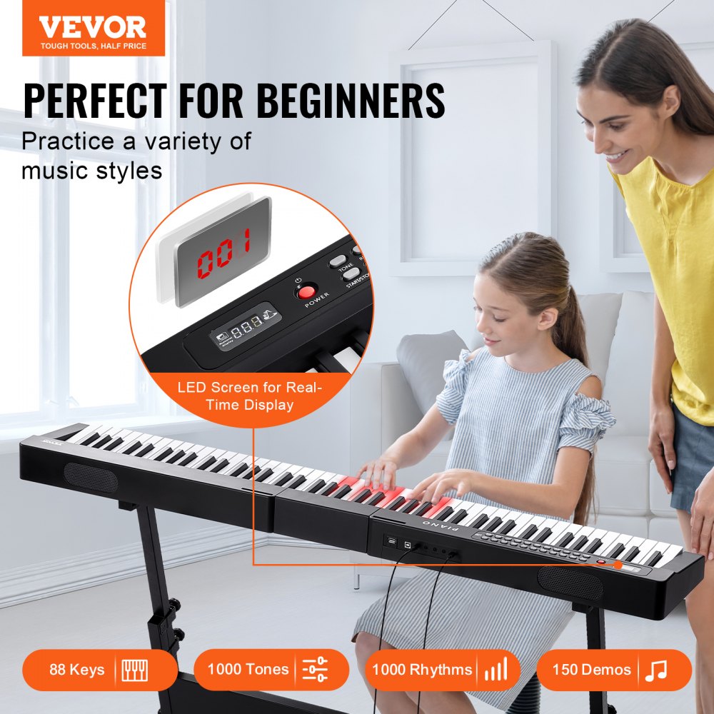 VEVOR 88 Key Digital Piano Keyboard, Semi Weighted Keys, Full Size Electric Portable Keyboard Piano Set with 1000 Tones Built-In Speakers Sustain Pedal Headphones, Bluetooth MIDI USB for Beginners