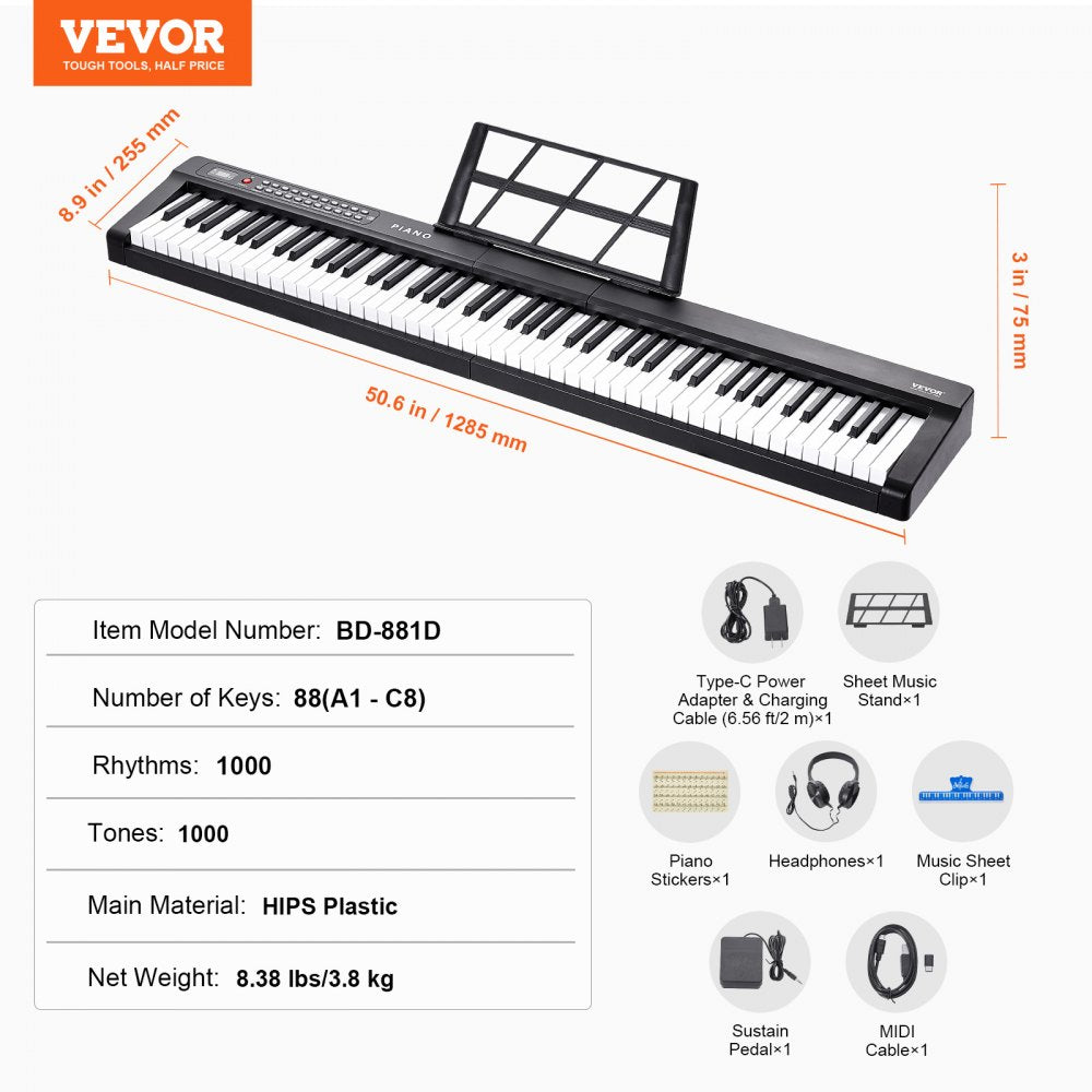 VEVOR 88 Key Digital Piano Keyboard, Semi Weighted Keys, Full Size Electric Portable Keyboard Piano Set with 1000 Tones Built-In Speakers Sustain Pedal Headphones, Bluetooth MIDI USB for Beginners