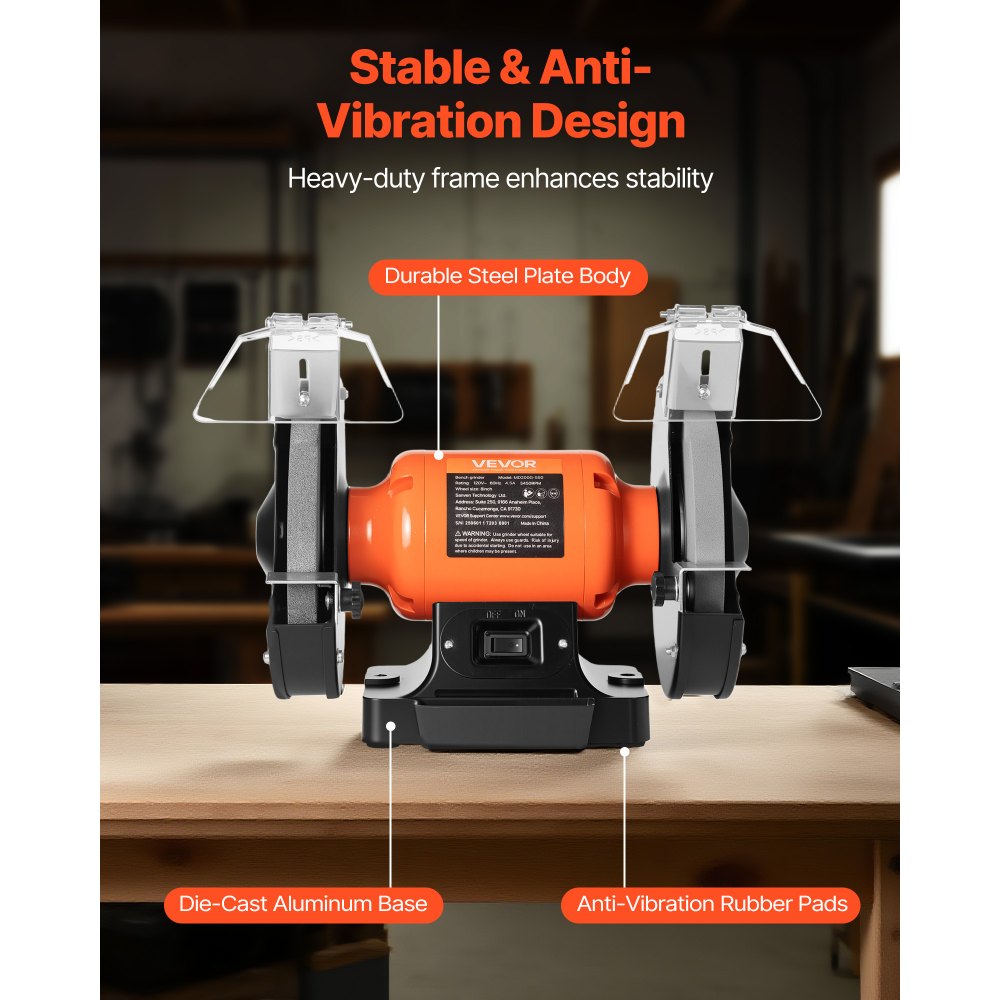 VEVOR Bench Grinder, 8-inch Single Speed Bench Grinder, 3450RPM High-Speed Table Grinders with 550W 4.5A Induction Motor, 36/60-Grit Grinding Wheel & Adjustable Eye Shield for Fast Sharpening Grinding