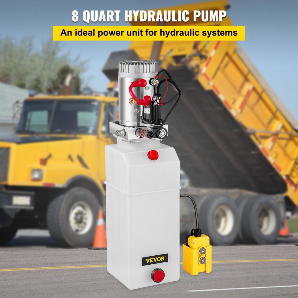 VEVOR Hydraulic Power Unit 8 Quart Hydraulic Pump Single Acting Hydraulic Pump for Dump Trailer Car Lifting 12V DC (Plastic, Single Acting Hydraulic Power Unit)