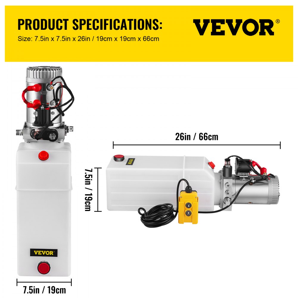 VEVOR Hydraulic Power Unit 8 Quart Hydraulic Pump Single Acting Hydraulic Pump for Dump Trailer Car Lifting 12V DC (Plastic, Single Acting Hydraulic Power Unit)