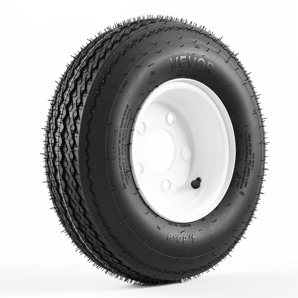 VEVOR 2-Pack Trailer Tire Rim Assembly 4.80-8 with 5 Lug on 4.5 in PCD, 6 Ply Load Range C Trailer Tire on 8" White Rims, 2.8 in Center Bore, Max Load 760LBS 90PSI for Utility/Boat/Camper Trailers