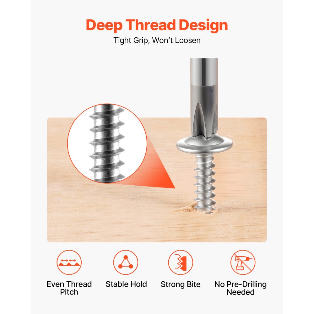 VEVOR #8 Self Drilling Wood Screws, 3/4 Inch Long 350 PCS Truss Head Wood Screws, Phillips Drive Quick Metal Self Tapping Screw, Stainless Steel and Full Thread, Screwdriver Bit Included, Silver