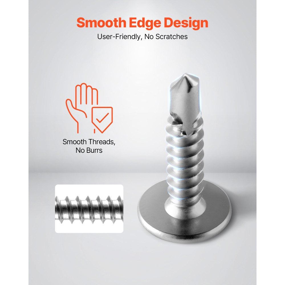 VEVOR #8 Self Drilling Wood Screws, 3/4 Inch Long 350 PCS Truss Head Wood Screws, Phillips Drive Quick Metal Self Tapping Screw, Stainless Steel and Full Thread, Screwdriver Bit Included, Silver