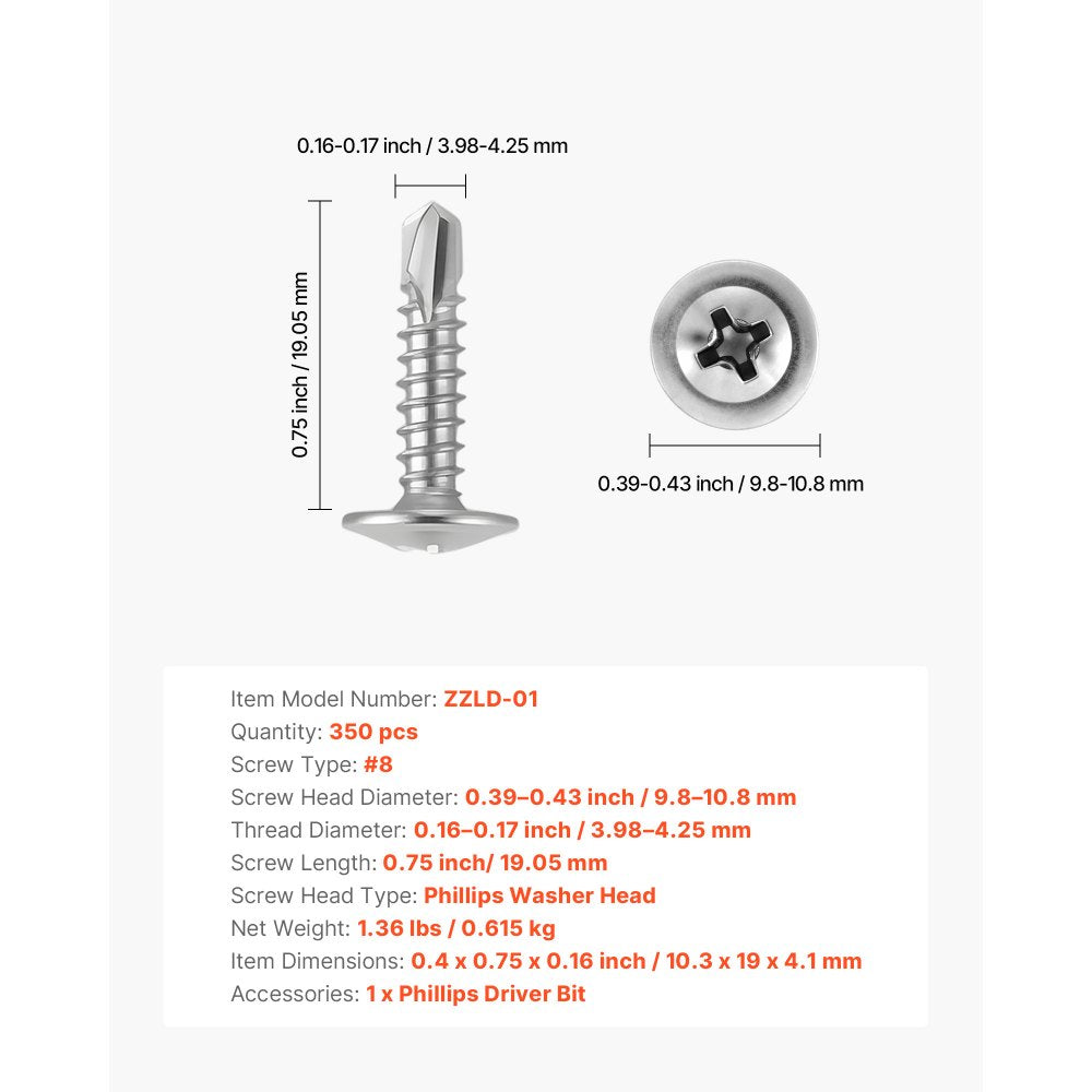 VEVOR #8 Self Drilling Wood Screws, 3/4 Inch Long 350 PCS Truss Head Wood Screws, Phillips Drive Quick Metal Self Tapping Screw, Stainless Steel and Full Thread, Screwdriver Bit Included, Silver