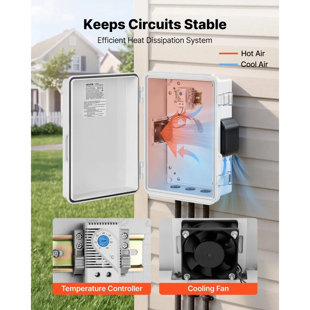 VEVOR Outdoor Electrical Box, ABS, Waterproof Electrical Junction Box with Thermostat and Fan, Mounting Plate, Cable Grommets, Ventilated Plastic Enclosure, 14.2 x 10.8 x 5.9 in, IP65 for Indoor/Outdoor