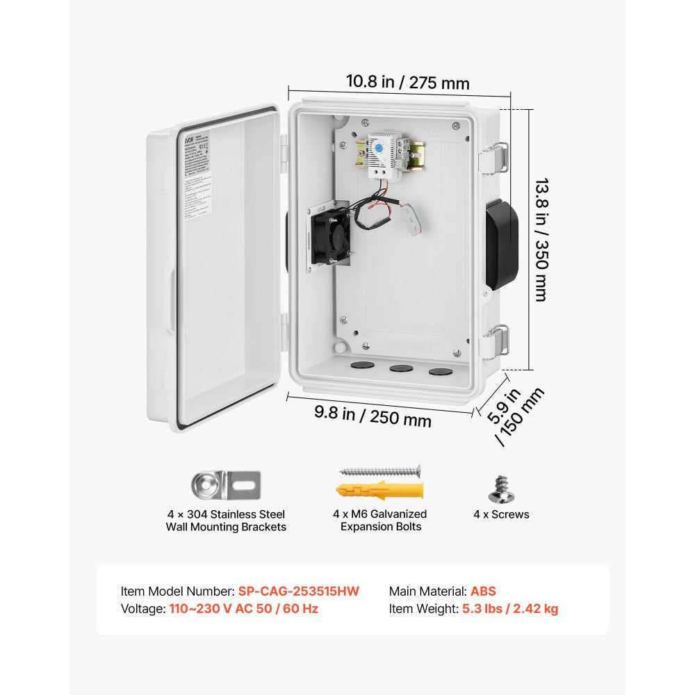 VEVOR Outdoor Electrical Box, ABS, Waterproof Electrical Junction Box with Thermostat and Fan, Mounting Plate, Cable Grommets, Ventilated Plastic Enclosure, 14.2 x 10.8 x 5.9 in, IP65 for Indoor/Outdoor