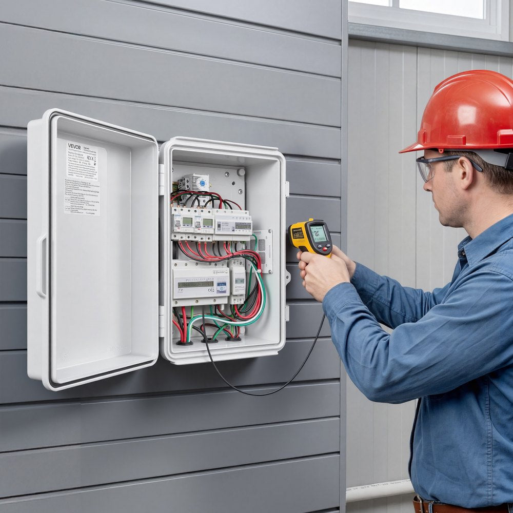 VEVOR Outdoor Electrical Box, ABS, Waterproof Electrical Junction Box with Thermostat and Fan, Mounting Plate, Cable Grommets, Ventilated Plastic Enclosure, 14.2 x 10.8 x 5.9 in, IP65 for Indoor/Outdoor