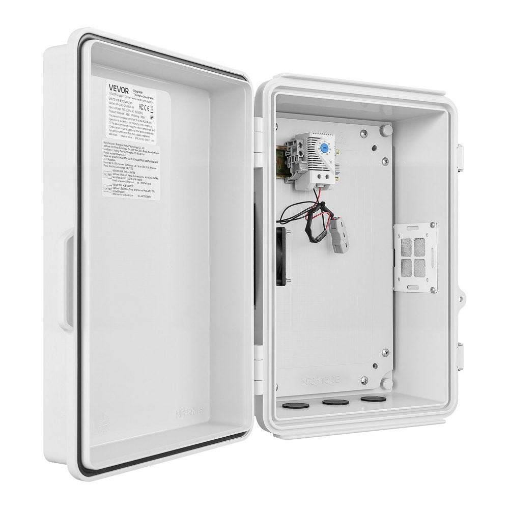 VEVOR Outdoor Electrical Box, ABS, Waterproof Electrical Junction Box with Thermostat and Fan, Mounting Plate, Cable Grommets, Ventilated Plastic Enclosure, 14.2 x 10.8 x 5.9 in, IP65 for Indoor/Outdoor