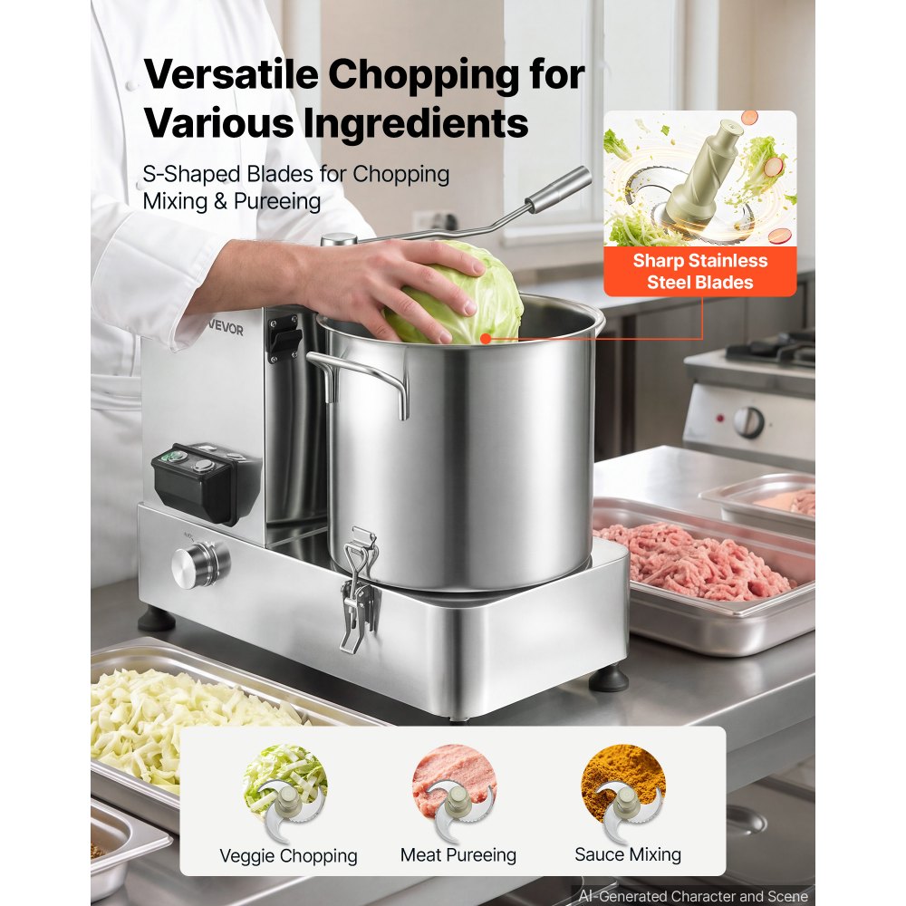 VEVOR Food Processor 12.7qt 12L Commercial Electric Vegetable Chopper 2000W, for Vegetables Fruit Grains Nuts, Food-Grade Stainless Steel Bowl, 110V Cutter with S-Shaped Blade, Variable Speed Dial
