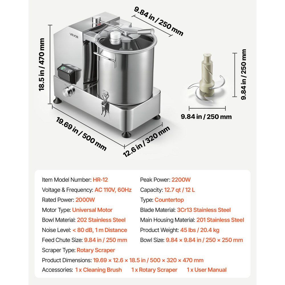 VEVOR Food Processor 12.7qt 12L Commercial Electric Vegetable Chopper 2000W, for Vegetables Fruit Grains Nuts, Food-Grade Stainless Steel Bowl, 110V Cutter with S-Shaped Blade, Variable Speed Dial