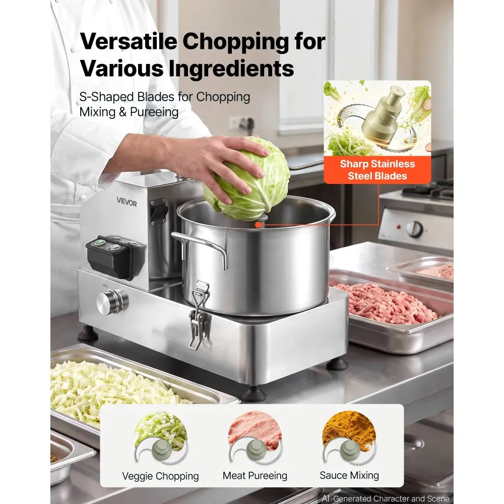 VEVOR Food Processor 6.3 qt 6 L Commercial Electric Vegetable Chopper 1800W, for Vegetables Fruit Grains Nuts, Food-Grade Stainless Steel Bowl, 110V Cutter with S-Shaped Blade, Variable Speed Dial