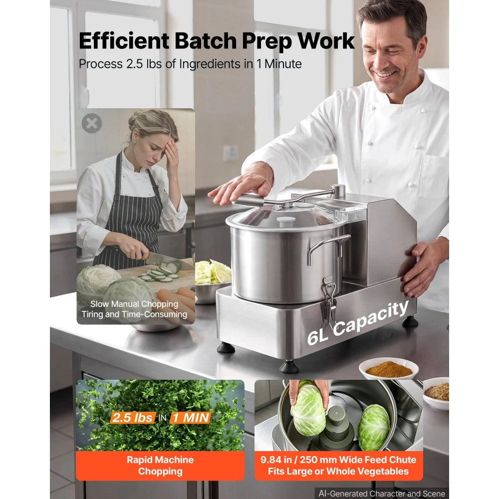 VEVOR Food Processor 6.3 qt 6 L Commercial Electric Vegetable Chopper 1800W, for Vegetables Fruit Grains Nuts, Food-Grade Stainless Steel Bowl, 110V Cutter with S-Shaped Blade, Variable Speed Dial