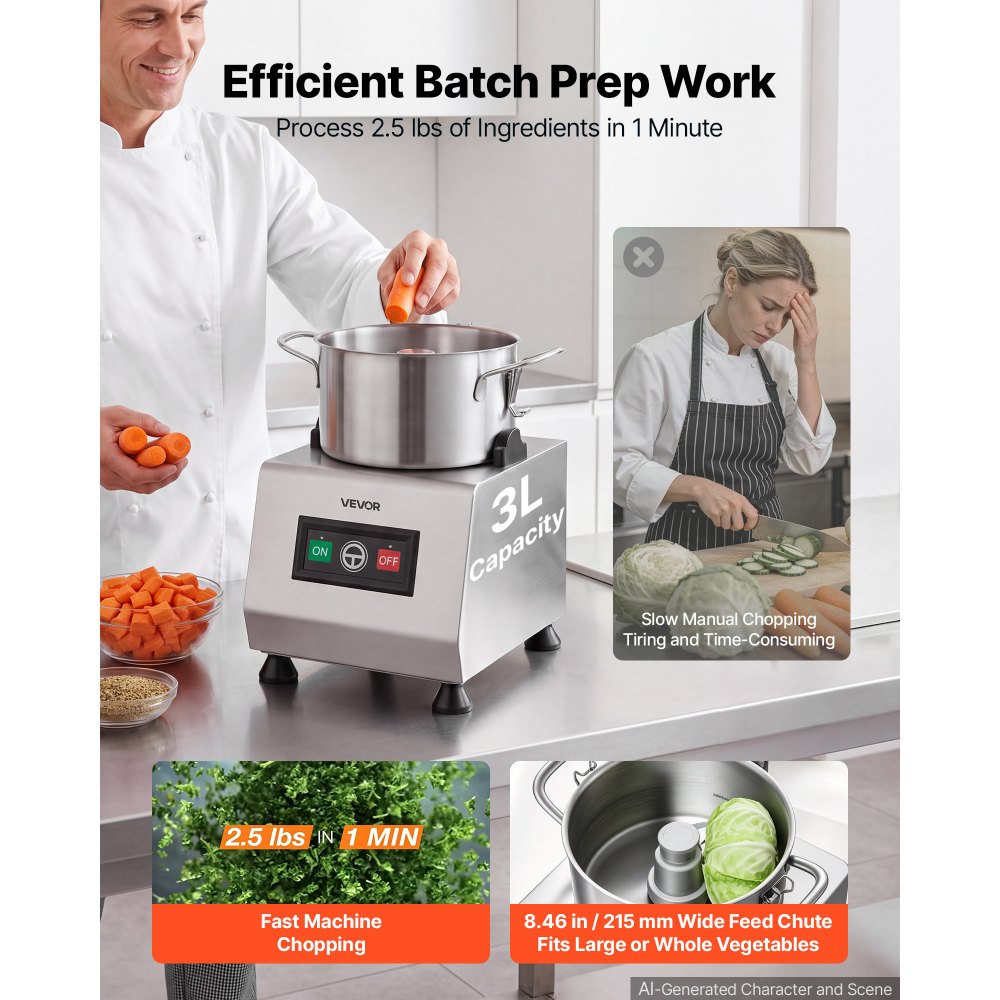 VEVOR Food Processor 3.2 qt 3L Commercial Electric Vegetable Chopper 400W, for Chopping Vegetables Fruit Grains Nuts Cheese, Food-Grade Stainless Steel Bowl, Cutter with S-Shaped Blade, 120-Volts