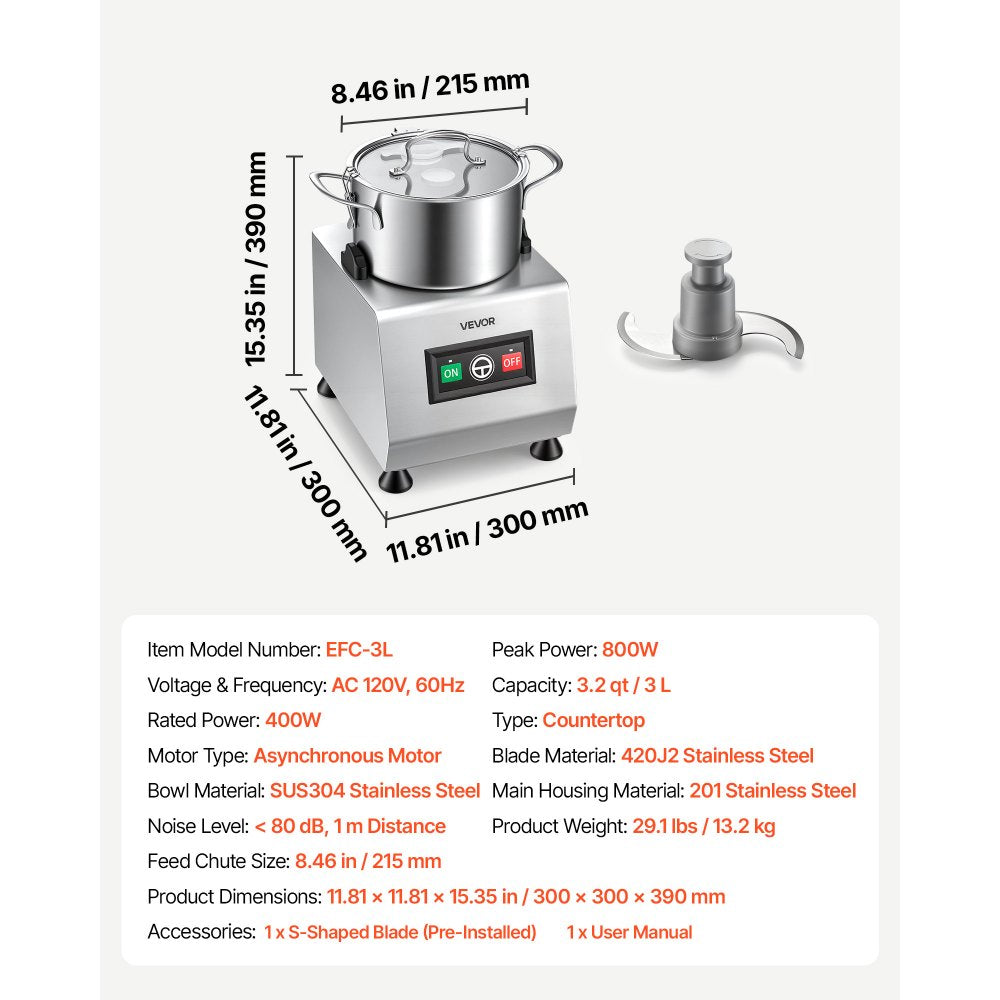 VEVOR Food Processor 3.2 qt 3L Commercial Electric Vegetable Chopper 400W, for Chopping Vegetables Fruit Grains Nuts Cheese, Food-Grade Stainless Steel Bowl, Cutter with S-Shaped Blade, 120-Volts