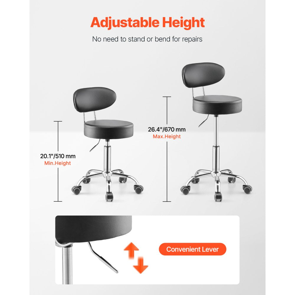 VEVOR Shop Stool with Backrest, Pneumatic Garage Seat/Work Stool with Wheels, 300 lbs Load, Adjustable Roller Creeper Seat, 360° Swivel Padded Workshop Stool, for Garage, Shop & Auto Repair, Black