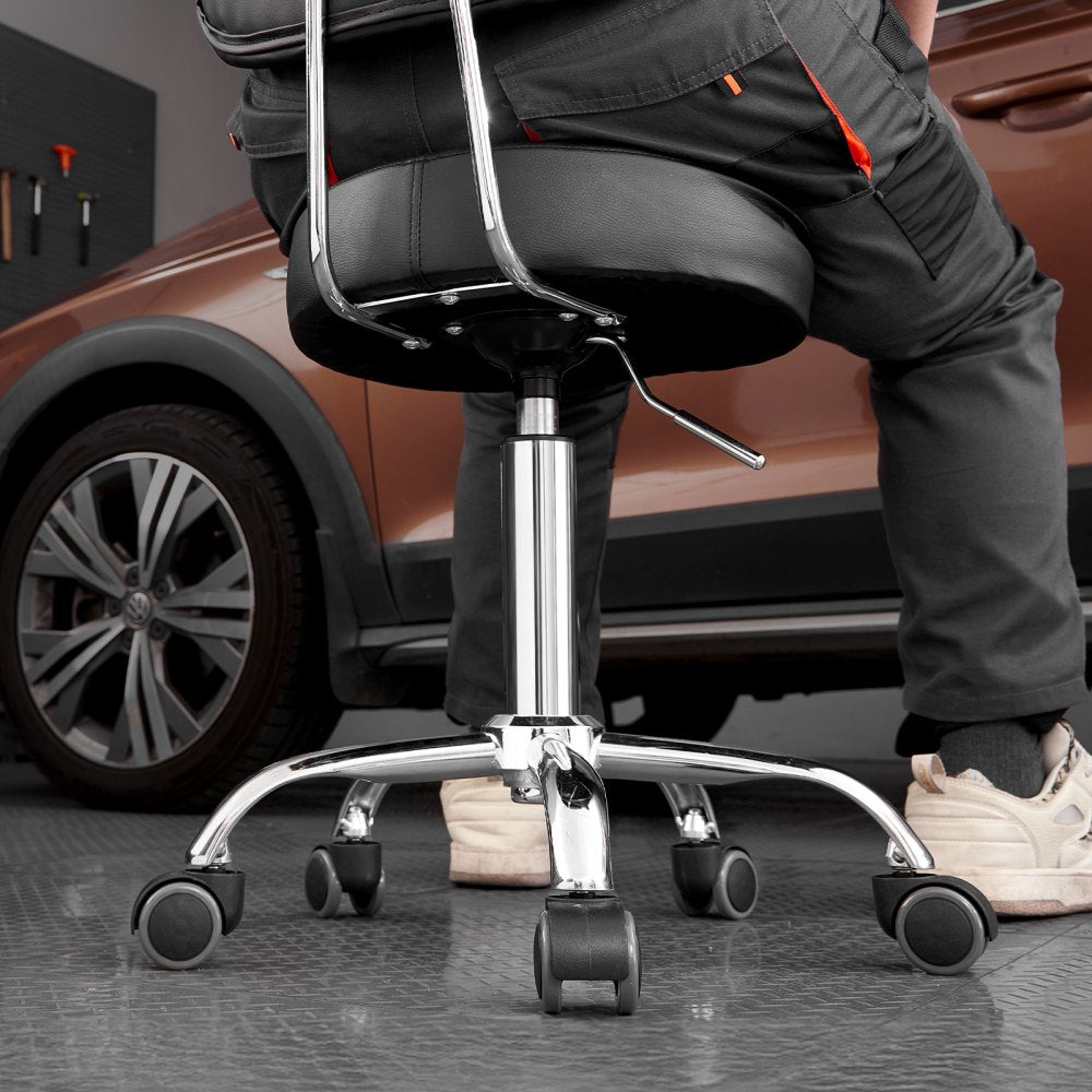 VEVOR Shop Stool with Backrest, Pneumatic Garage Seat/Work Stool with Wheels, 300 lbs Load, Adjustable Roller Creeper Seat, 360° Swivel Padded Workshop Stool, for Garage, Shop & Auto Repair, Black