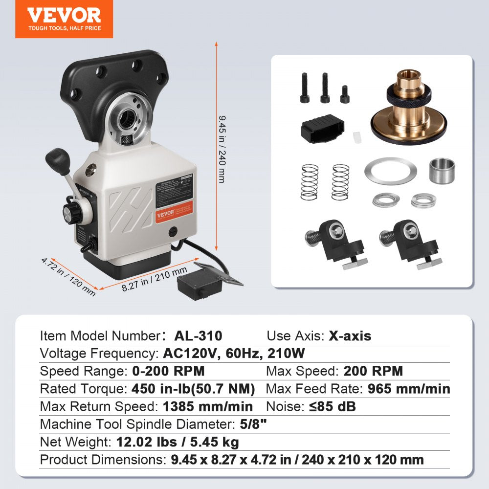 VEVOR X-Axis Power Feed for Milling Machine, 450 in-lb Torque, 0-200RPM Adjustable Rotate Speed 120V Power Table Feed Mill Feeder, for Bridgeport Some Knee Type Mills with a 5/8" End Shaft Diameter