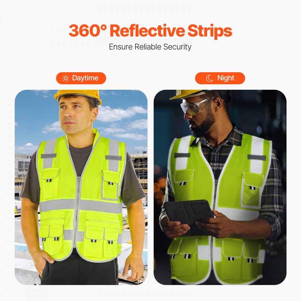 VEVOR Safety Vest, 10 Pockets Yellow Safety Vest, High Visibility Zipper Front Safety Vest with Reflective Strips, Hi Vis Work Construction Vest with Pockets and Walkie-Talkie Clip, for Men & Woman