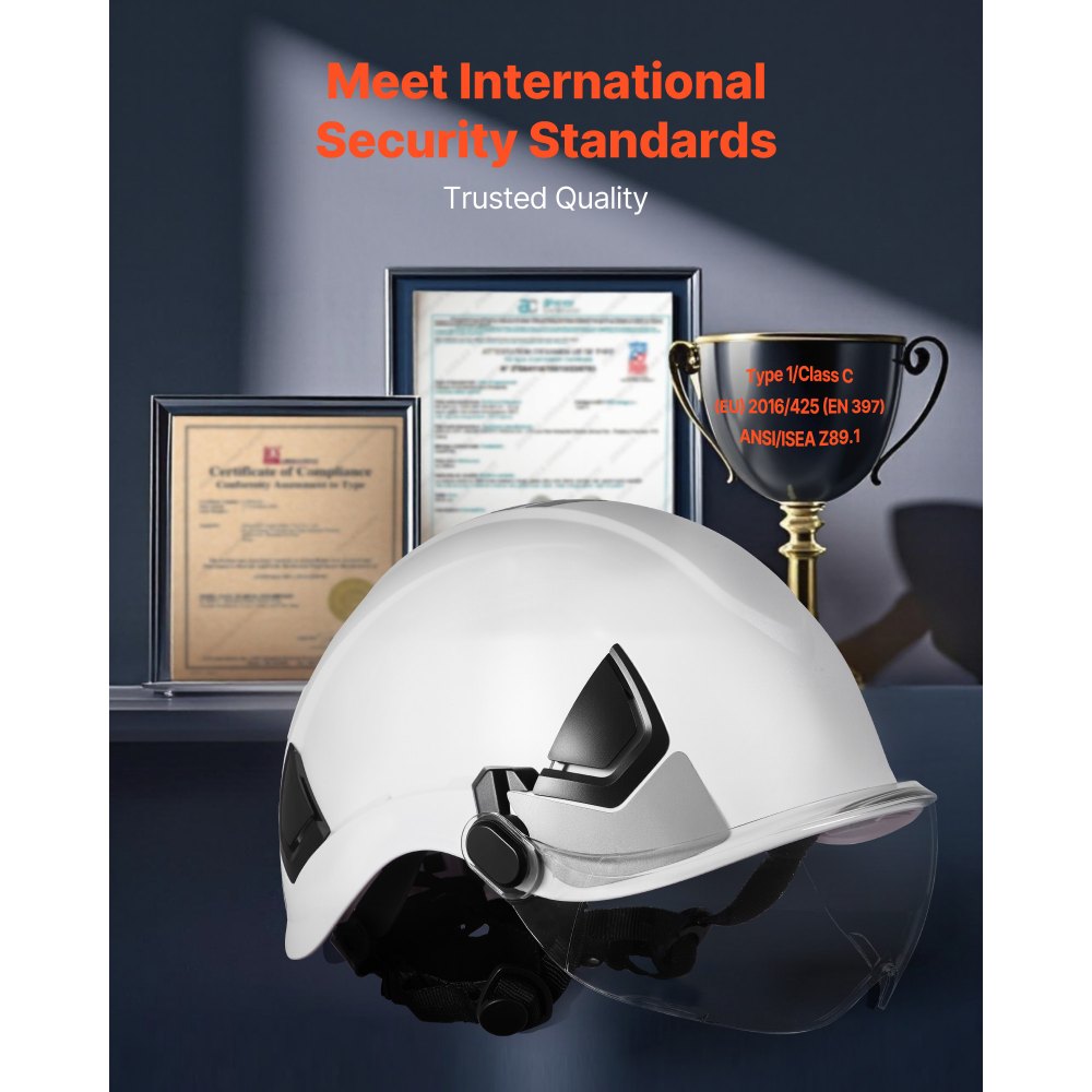 VEVOR Industrial Safety Helmet, ANSI/ISEA Z89.1 Approved ABS Hard Hat with Visor & 6-Point Ratchet Suspension, Adjustable Vented Hardhat for Men & Women, for Outdoor and Indoor Construction Workwear