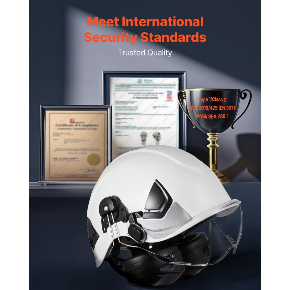 VEVOR Industrial Safety Helmet, ANSI/ISEA Z89.1 Approved ABS Hard Hat with Visor & Earmuffs, 6-Point Ratchet Suspension, Adjustable Vented Hardhat for Men & Women, for Outdoor Construction Workwear