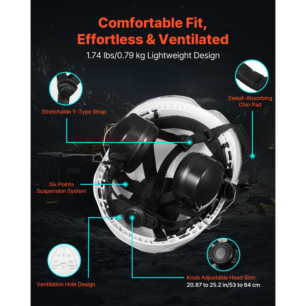 VEVOR Industrial Safety Helmet, ANSI/ISEA Z89.1 Approved ABS Hard Hat with Visor & Earmuffs, 6-Point Ratchet Suspension, Adjustable Vented Hardhat for Men & Women, for Outdoor Construction Workwear