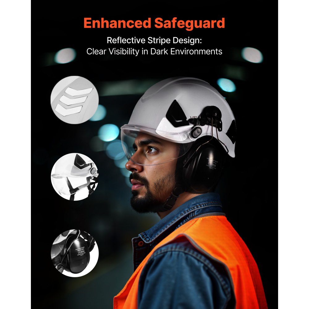 VEVOR Industrial Safety Helmet, ANSI/ISEA Z89.1 Approved ABS Hard Hat with Visor & Earmuffs, 6-Point Ratchet Suspension, Adjustable Vented Hardhat for Men & Women, for Outdoor Construction Workwear