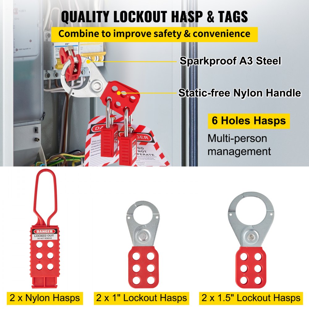 VEVOR 42 PCS Lockout Tagout Kits, Electrical Safety Loto Kit Includes Padlocks, 5 Kinds of Lockouts, Hasps, Tags & Ties, Box, Lockout Safety Tools for Electrical Risk Removal in Industrial, Machinery