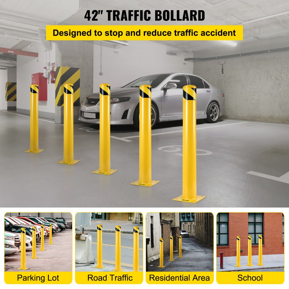 VEVOR 42"x5.5" Safety Bollard, 5-1/2" OD 42" Height Safety Barrier Bollard, Yellow Powder Coat Pipe Steel Safety Barrier, with 4 Free Anchor Bolts, for Traffic-Sensitive Area
