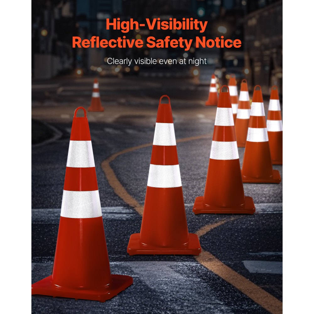 VEVOR Safety Cones, 10PCS 28\" Traffic Cones, PVC Orange Construction Cones, 2 Reflective Collars Traffic Cones with Weighted Base and Hand-Held Ring Used for Traffic Control, Driveway Road Parking