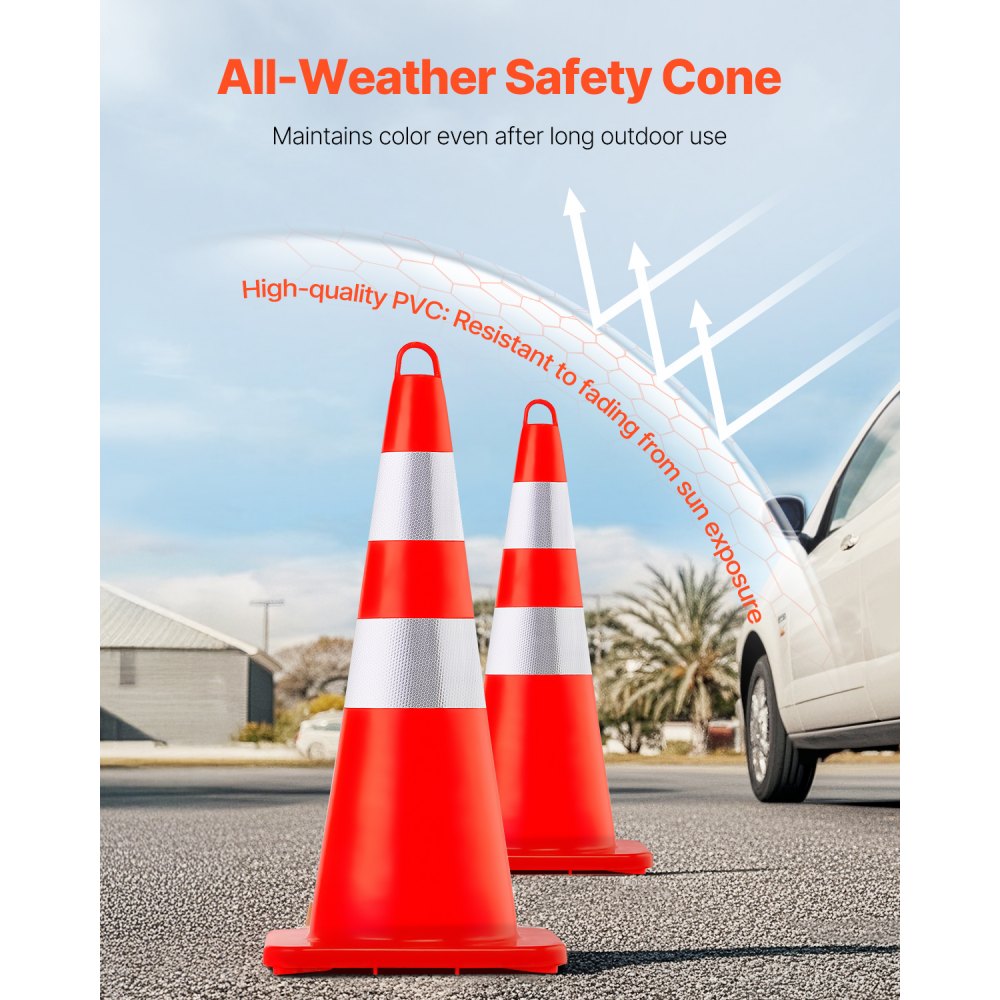 VEVOR Safety Cones, 10PCS 28\" Traffic Cones, PVC Orange Construction Cones, 2 Reflective Collars Traffic Cones with Weighted Base and Hand-Held Ring Used for Traffic Control, Driveway Road Parking