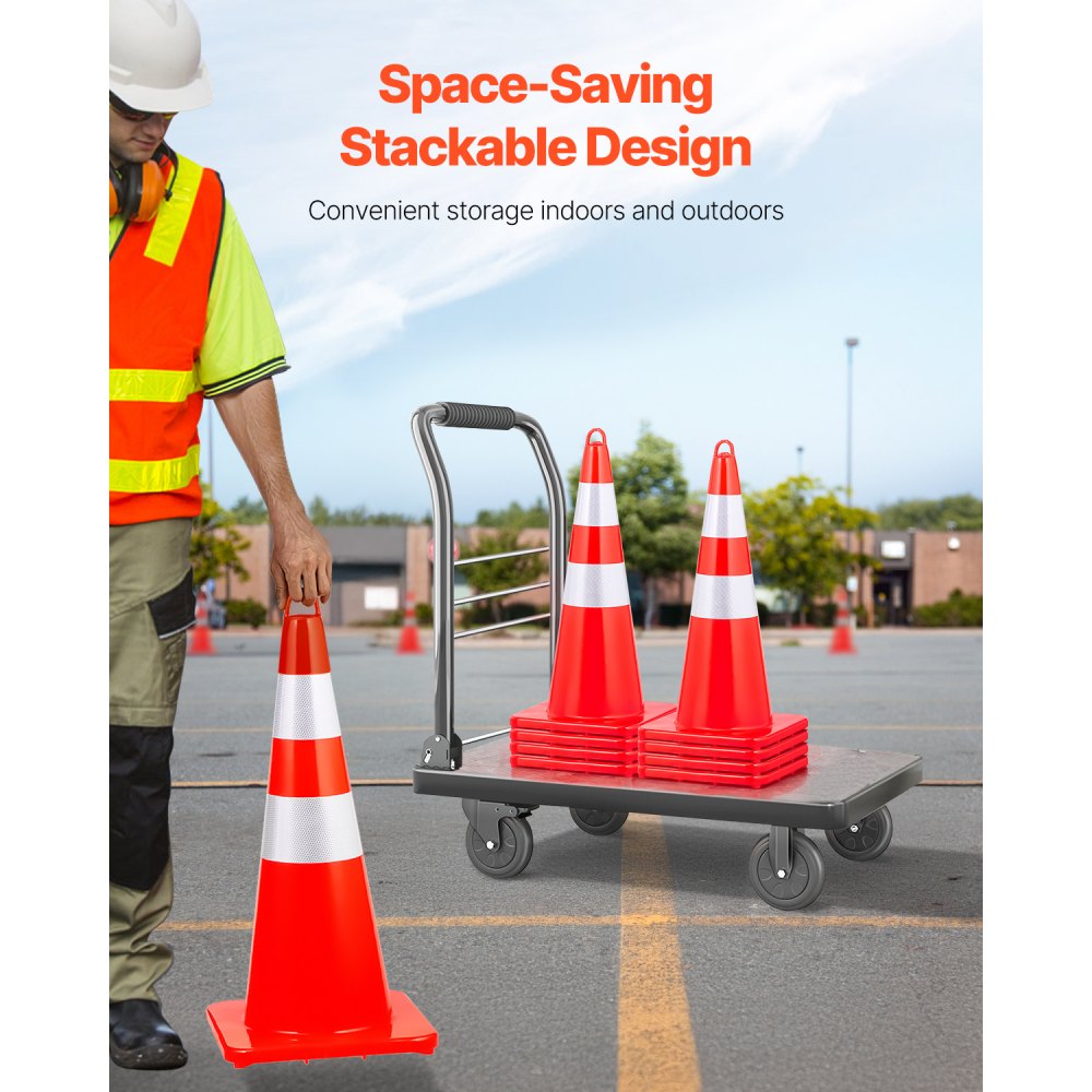 VEVOR Safety Cones, 10PCS 28\" Traffic Cones, PVC Orange Construction Cones, 2 Reflective Collars Traffic Cones with Weighted Base and Hand-Held Ring Used for Traffic Control, Driveway Road Parking
