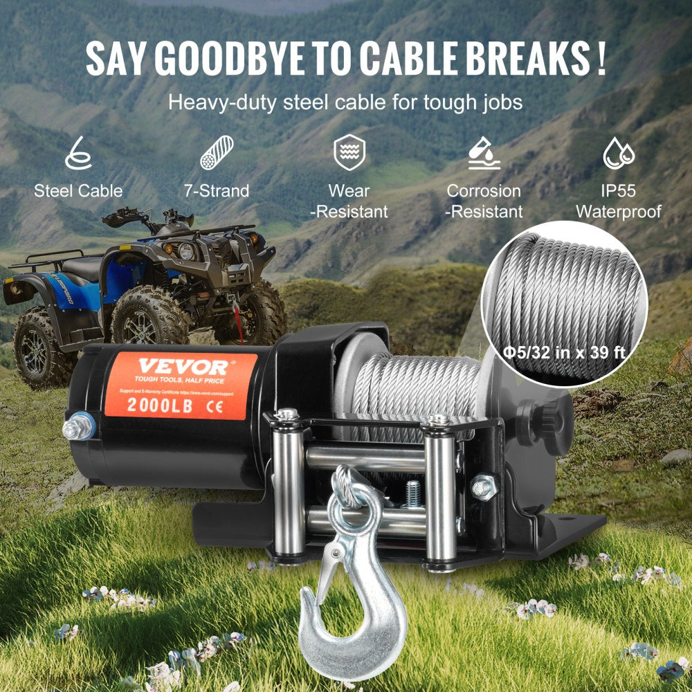 VEVOR Electric Winch, 2000 lb Line Pull Capacity, 12V DC ATV/UTV Winch with Φ5/32 in x 39 ft 7 Strands Steel Cable Roller Fairlead Wired Remote Control, IP55 Waterproof for Towing UTV ATV Off-Road