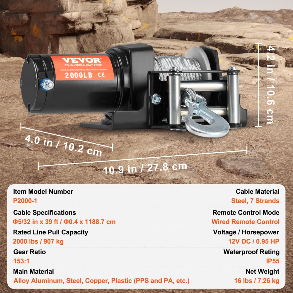 VEVOR Electric Winch, 2000 lb Line Pull Capacity, 12V DC ATV/UTV Winch with Φ5/32 in x 39 ft 7 Strands Steel Cable Roller Fairlead Wired Remote Control, IP55 Waterproof for Towing UTV ATV Off-Road