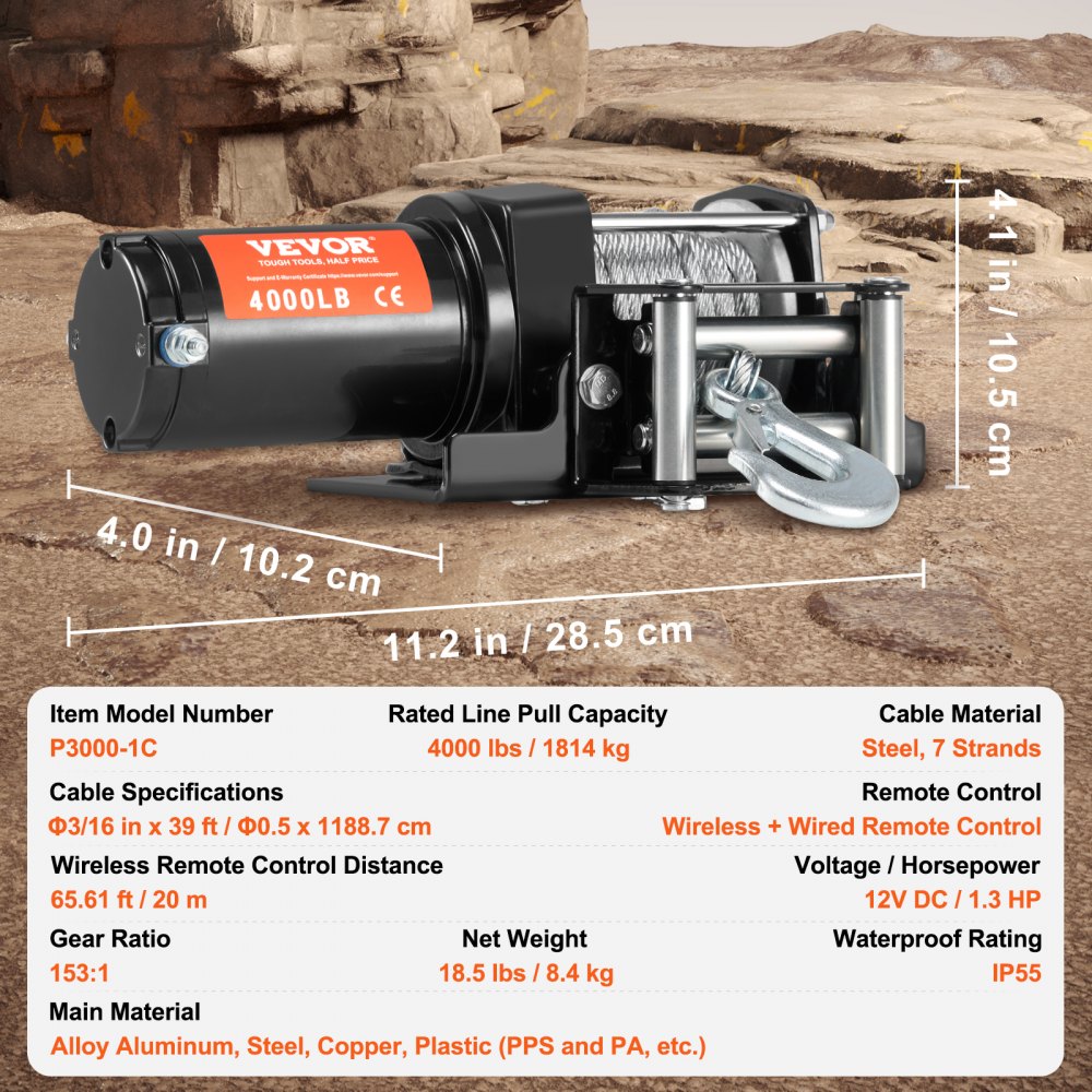 VEVOR Electric Winch, 4000 lb Line Pull Capacity, 12V DC ATV/UTV Winch with Φ3/16 in x 39 ft 7 Strands Steel Cable Roller Fairlead Wireless & Wired Remote Control, IP55 Waterproof for Towing UTV ATV