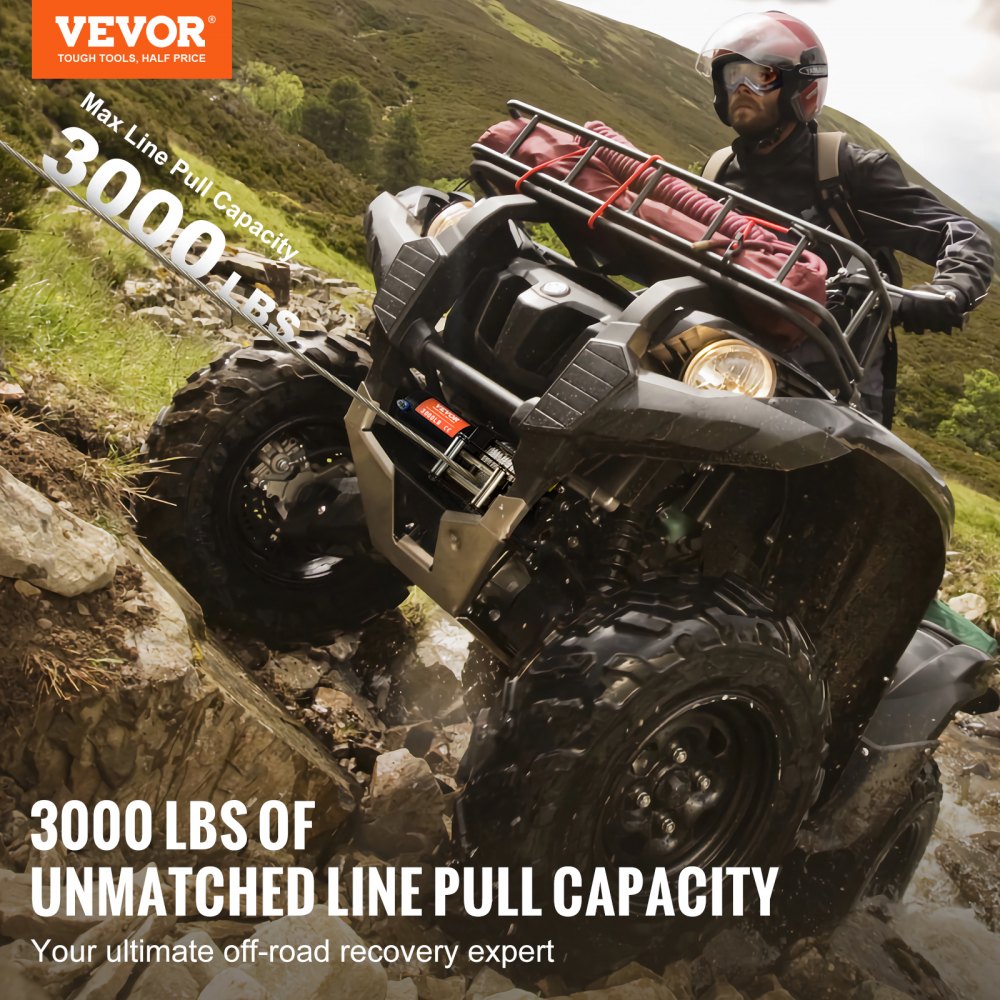 VEVOR Electric Winch, 3000 lb Line Pull Capacity, 12V DC ATV/UTV Winch with Φ3/16 in x 39 ft 7 Strands Steel Cable Roller Fairlead Wired Remote Control, IP55 Waterproof for Towing UTV ATV Off-Road