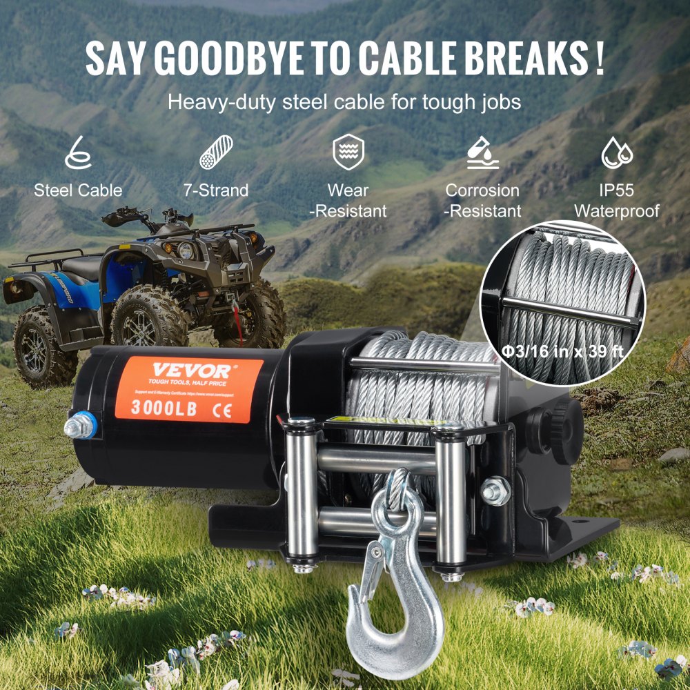 VEVOR Electric Winch, 3000 lb Line Pull Capacity, 12V DC ATV/UTV Winch with Φ3/16 in x 39 ft 7 Strands Steel Cable Roller Fairlead Wired Remote Control, IP55 Waterproof for Towing UTV ATV Off-Road
