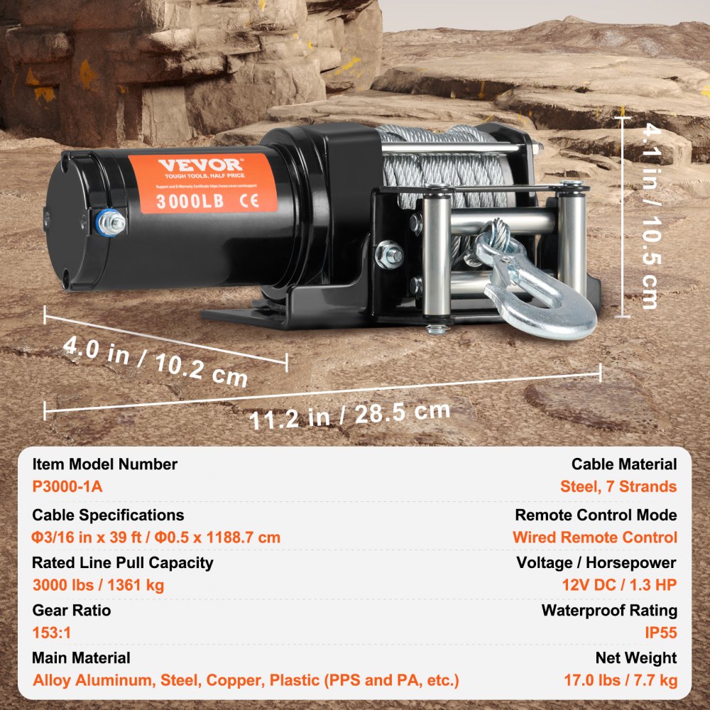 VEVOR Electric Winch, 3000 lb Line Pull Capacity, 12V DC ATV/UTV Winch with Φ3/16 in x 39 ft 7 Strands Steel Cable Roller Fairlead Wired Remote Control, IP55 Waterproof for Towing UTV ATV Off-Road